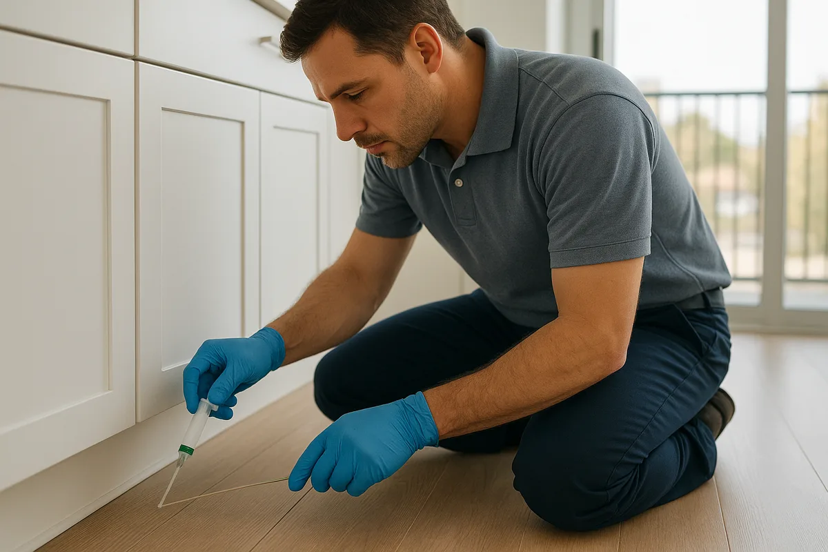 Pest control technician treating an apartment unit in Dallas