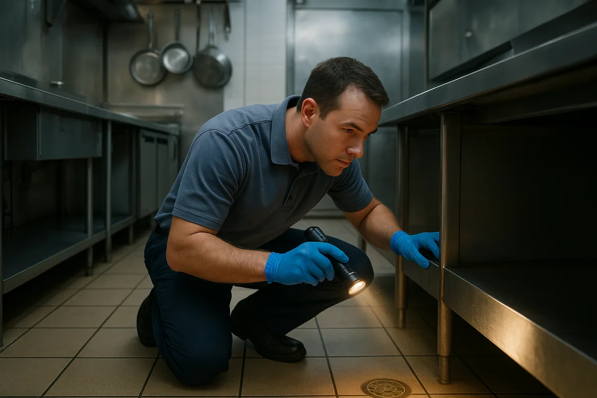 Pest control technician inspecting a Dallas restaurant kitchen for pests