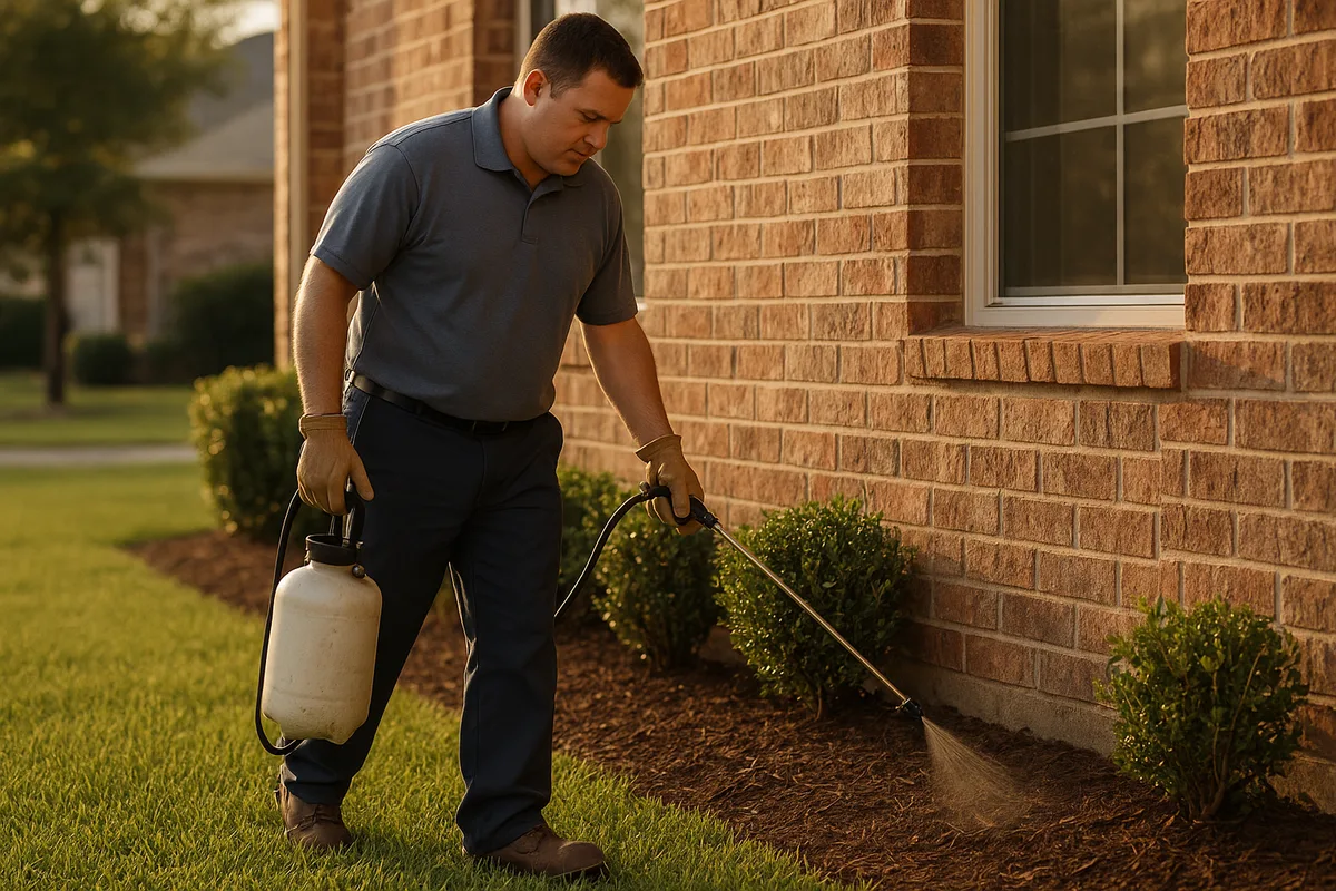 Pest control technician applying barrier treatment around a Dallas home