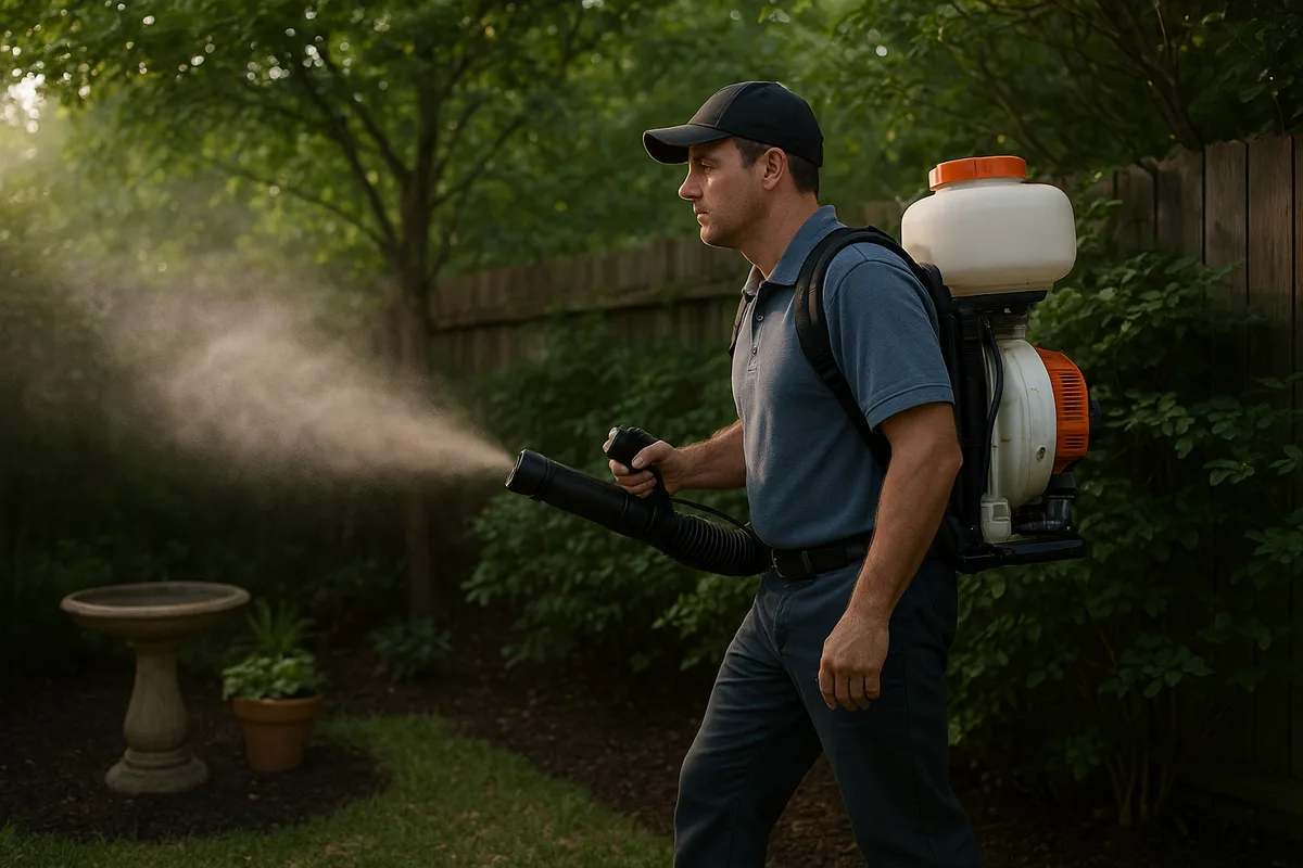 Pest control technician treating a Dallas backyard for mosquitoes