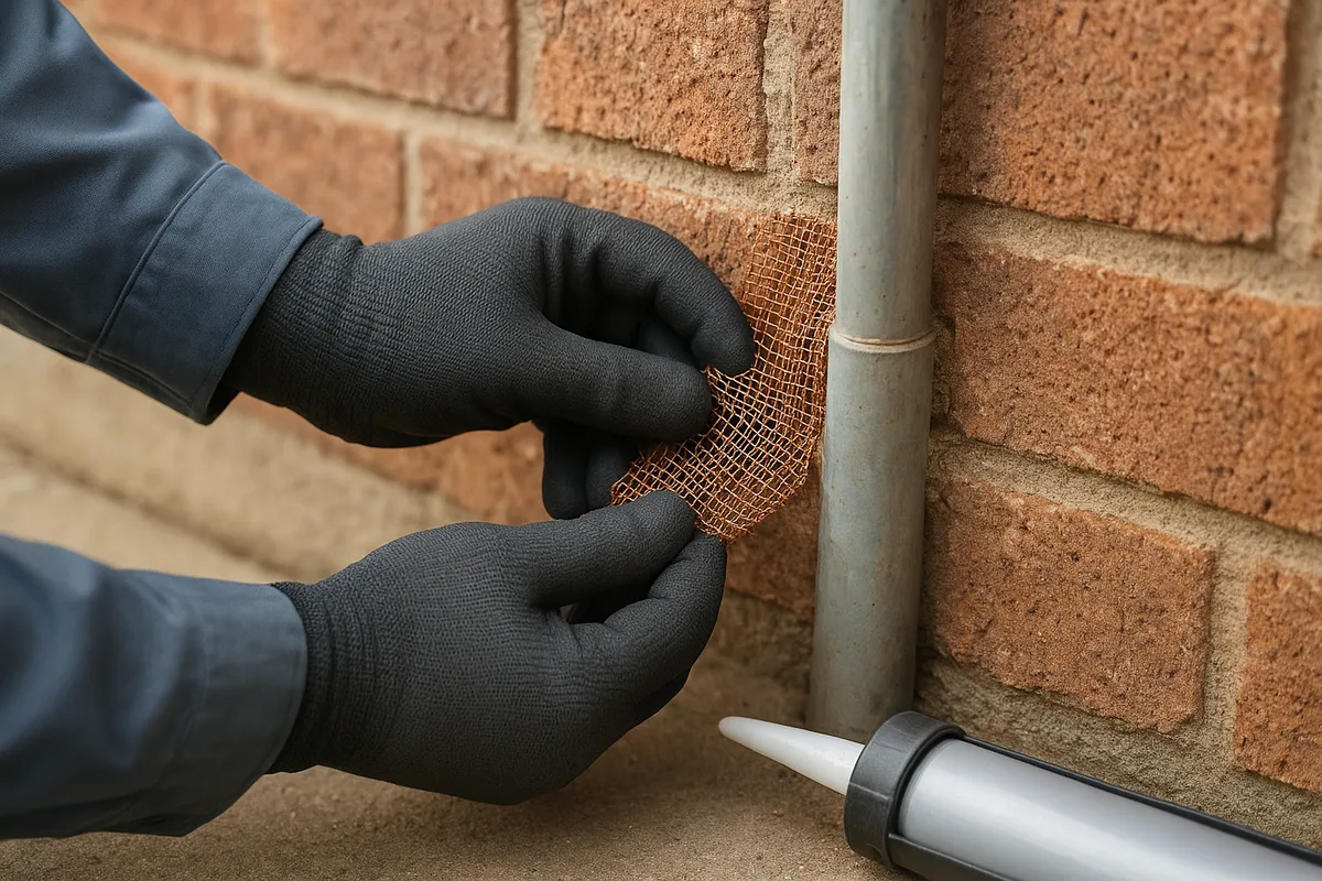 Pest control technician sealing a rodent entry point in a Dallas home