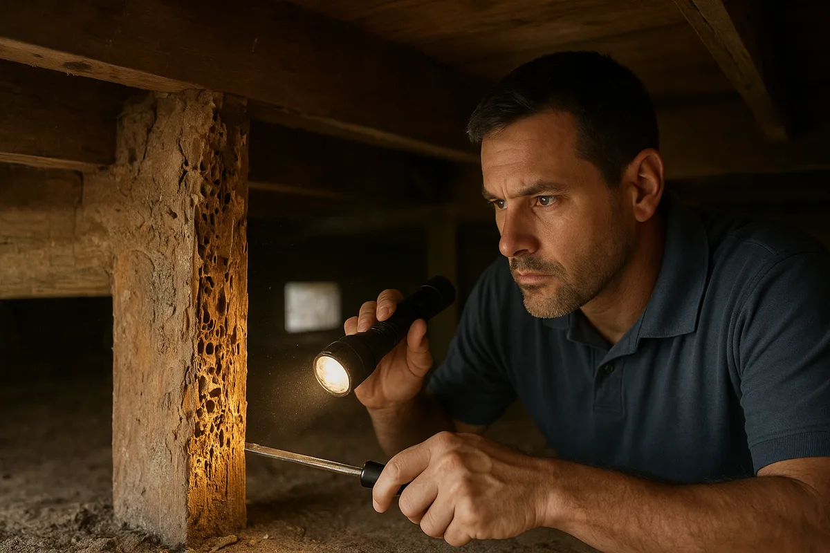Termite treatment technician inspecting wood damage in a Dallas home